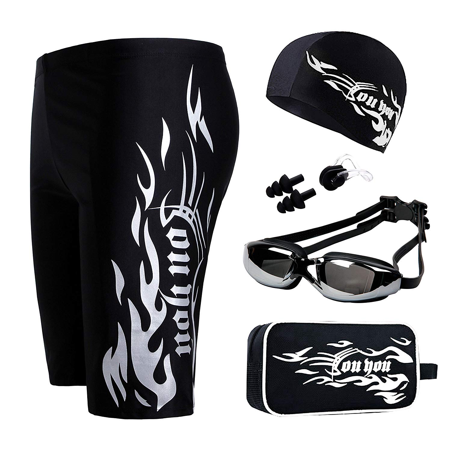 Men's Swimsuit with Swimming Goggles Cap Ear Plugs Nose Clip Kit