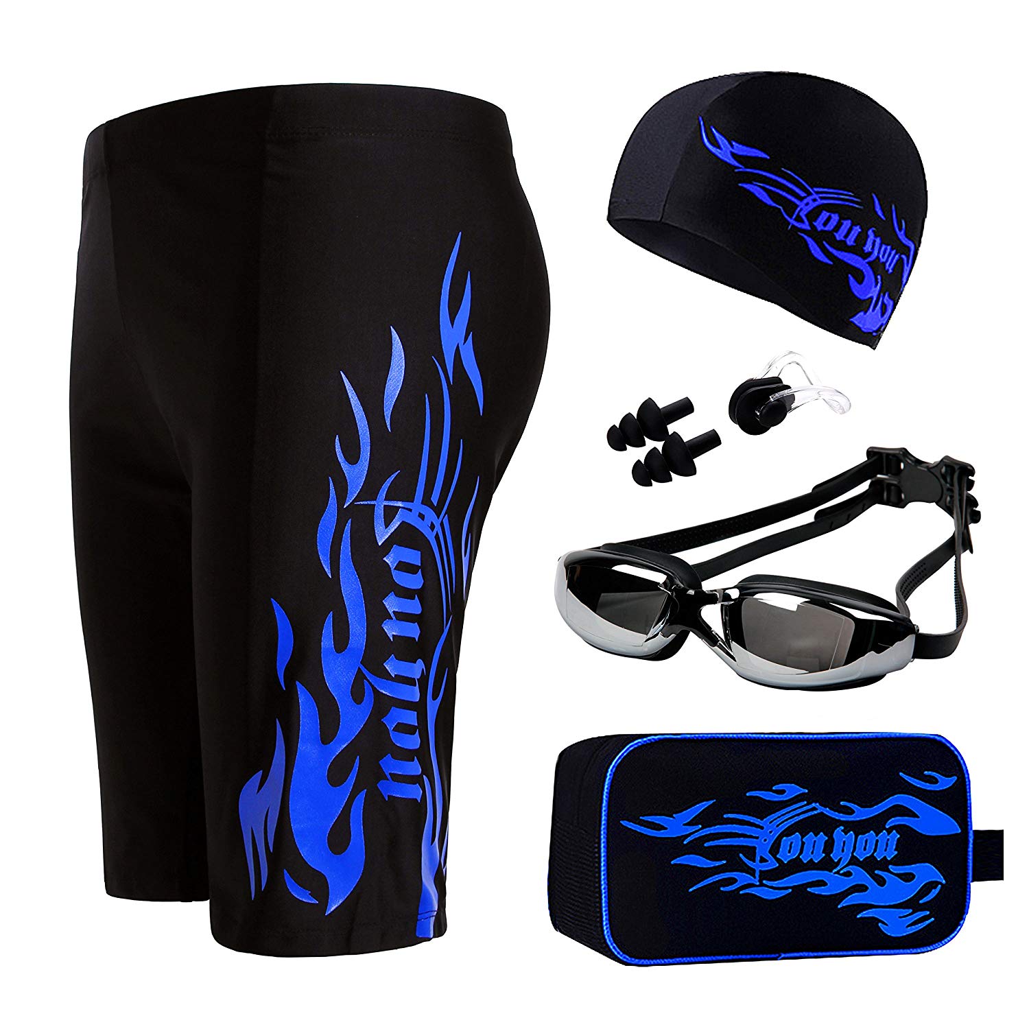 Men's Swimsuit with Swimming Goggles Cap Ear Plugs Nose Clip Kit