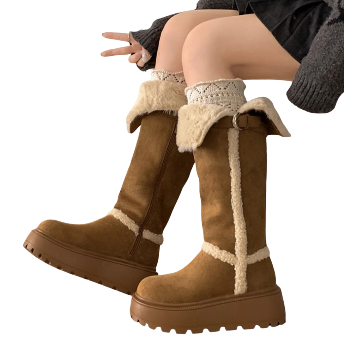 Women's Winter Snow Boots - Fur Lined Platform Flats Vintage Long Booties