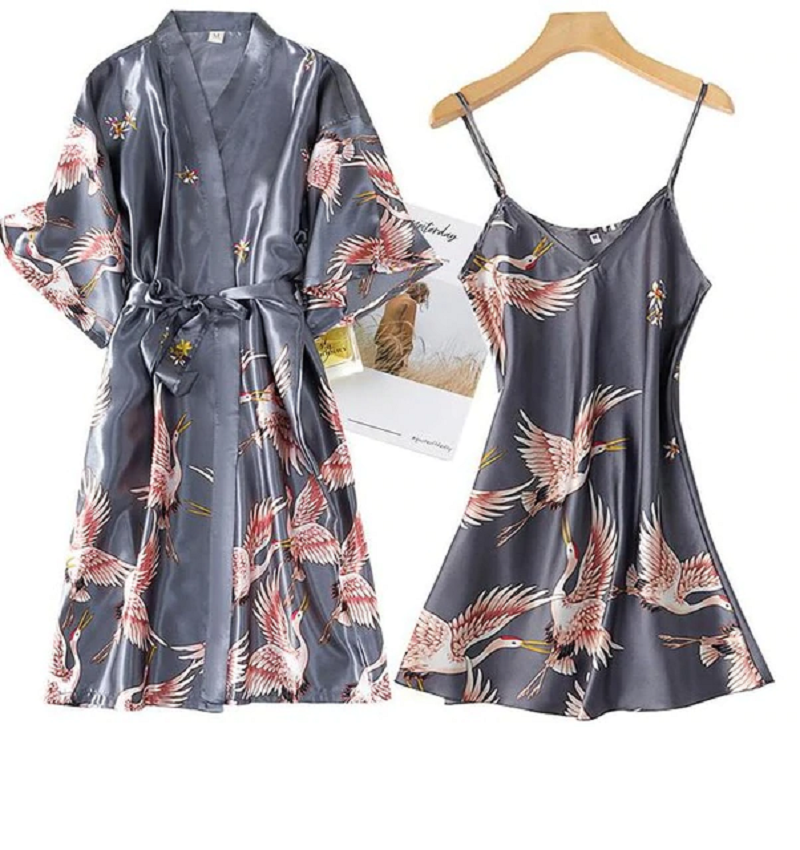 2 Pcs Robe Night Dress Casual Nightgown Sleepwear Set