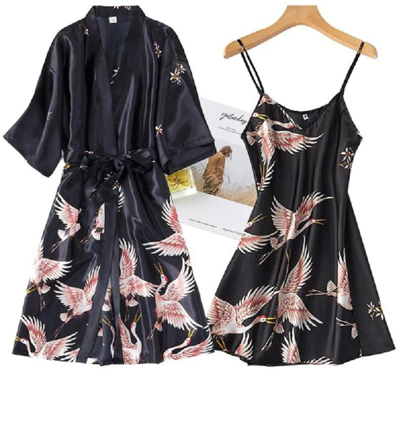 2 Pcs Robe Night Dress Casual Nightgown Sleepwear Set