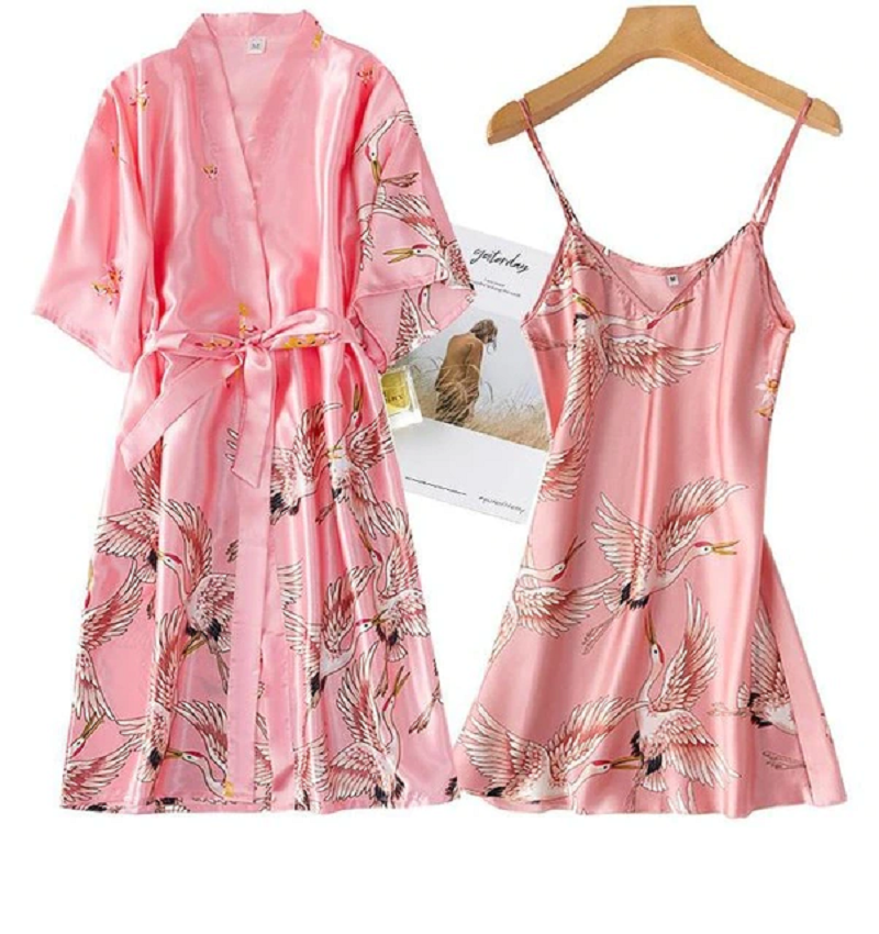 2 Pcs Robe Night Dress Casual Nightgown Sleepwear Set