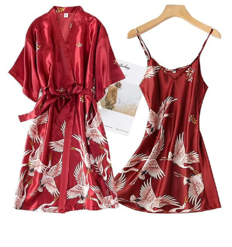2 Pcs Robe Night Dress Casual Nightgown Sleepwear Set