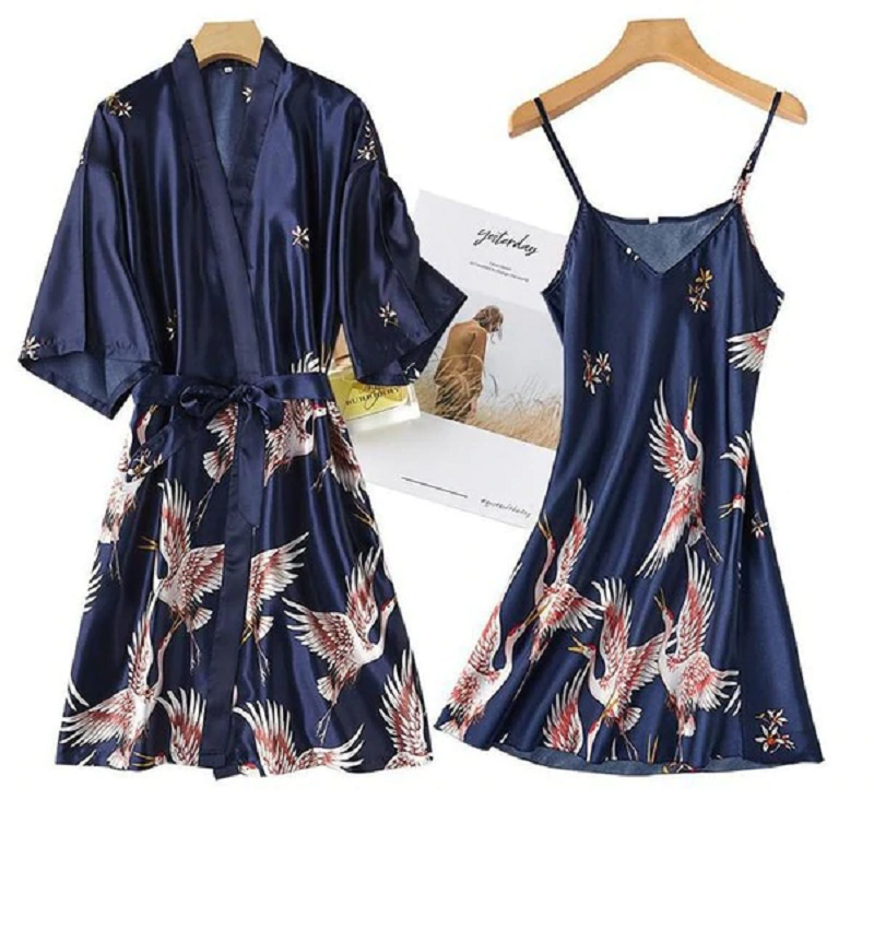 2 Pcs Robe Night Dress Casual Nightgown Sleepwear Set