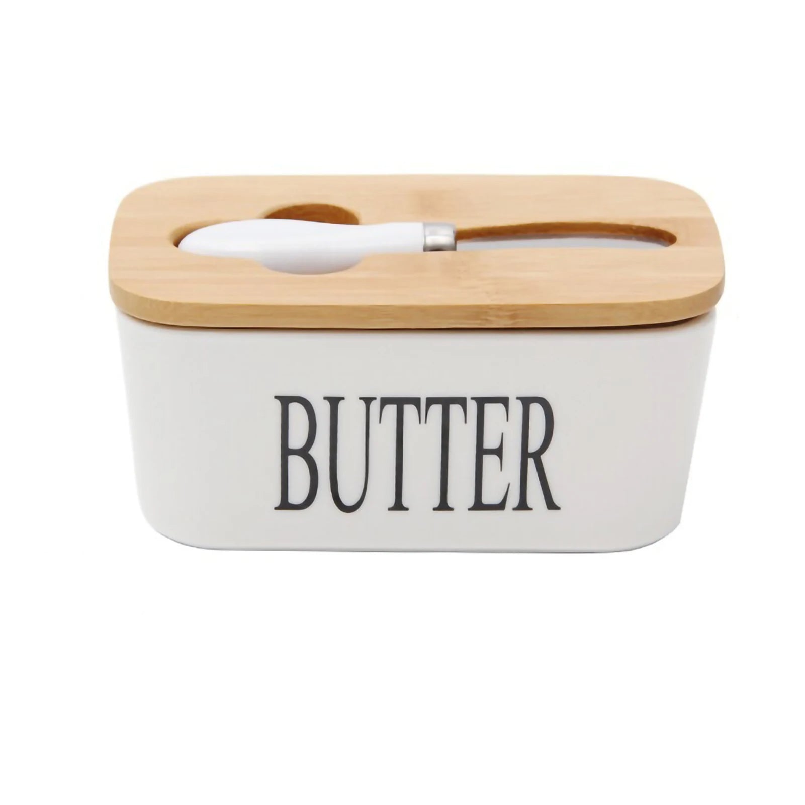 Ceramic Butter Box Dish with Wooden Lid and Knife