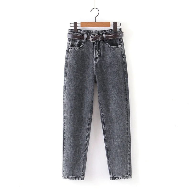 Women's Jeans with Belt Long Trousers Stretchy Waist Pants