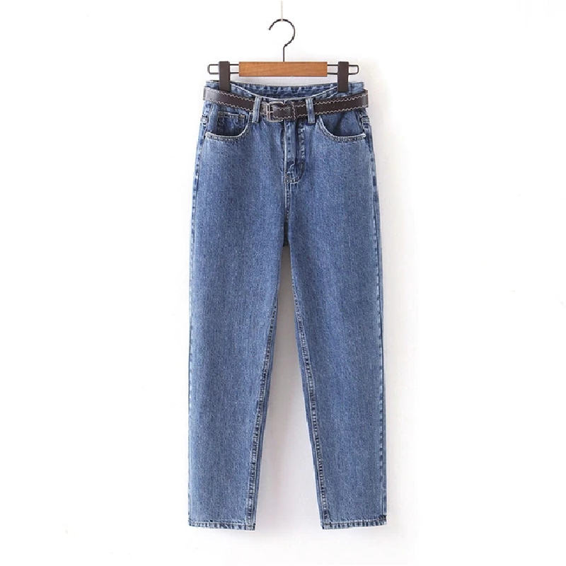 Women's Jeans with Belt Long Trousers Stretchy Waist Pants