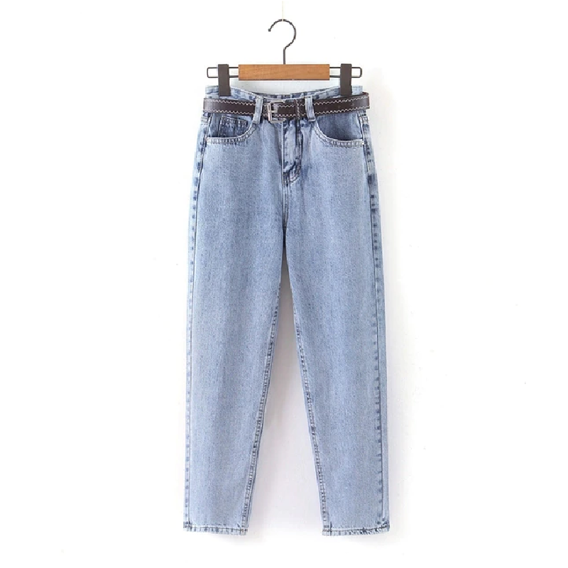 Women's Jeans with Belt Long Trousers Stretchy Waist Pants