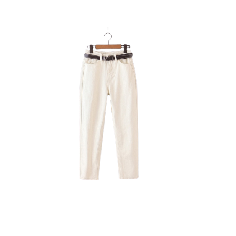 Women's Jeans with Belt Long Trousers Stretchy Waist Pants