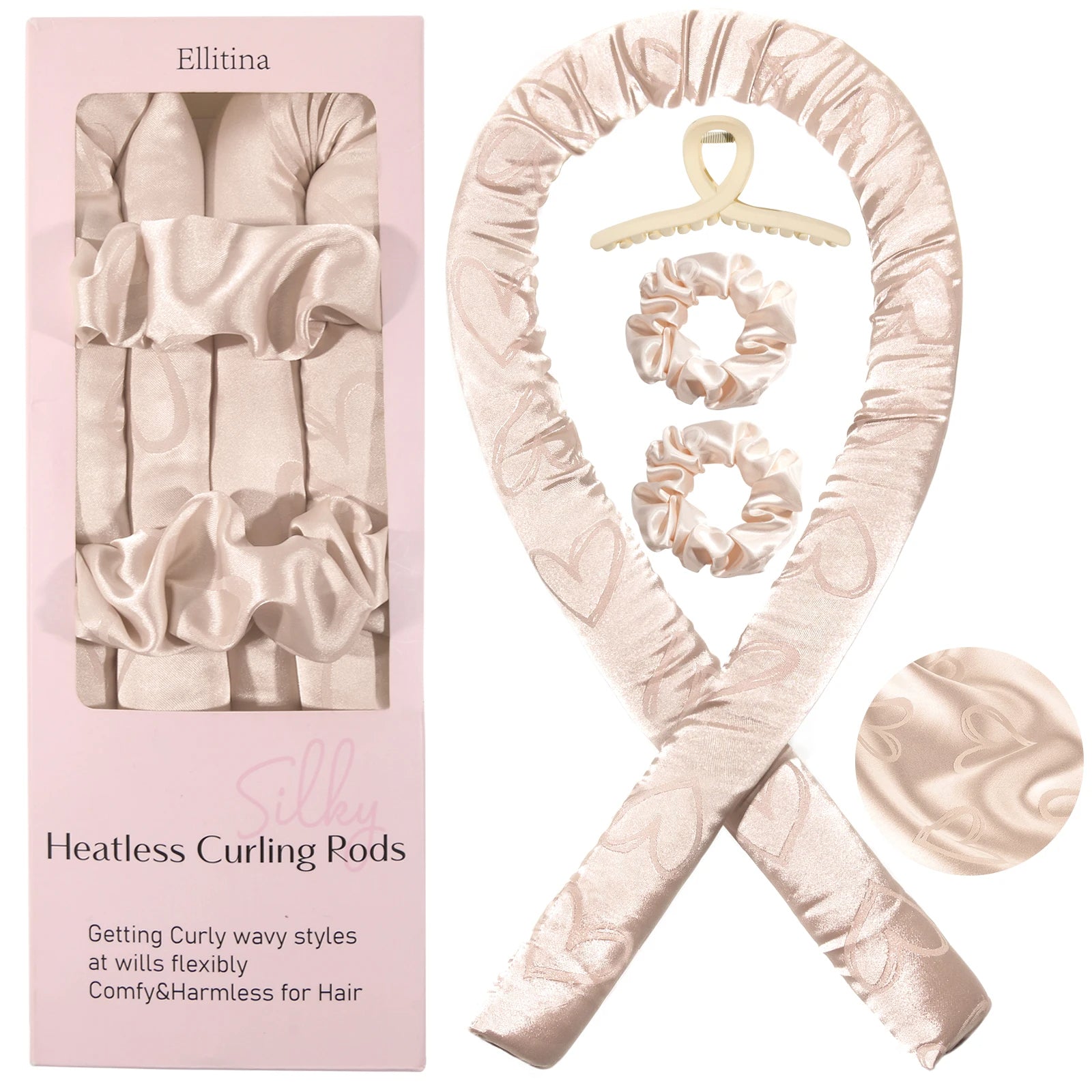 4-Pc Silk Heatless Curling Gift Kit - Love-Print Rods and Satin Headband