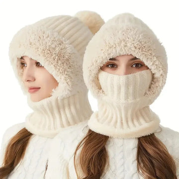 Thermal Fleece Cycling Beanie - Windproof Knit Hat with Ear Covers Neck Warmer