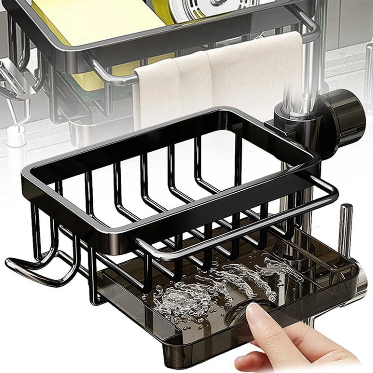 Kitchen Sink Faucet Organizer with Drain Tray and Towel Rack
