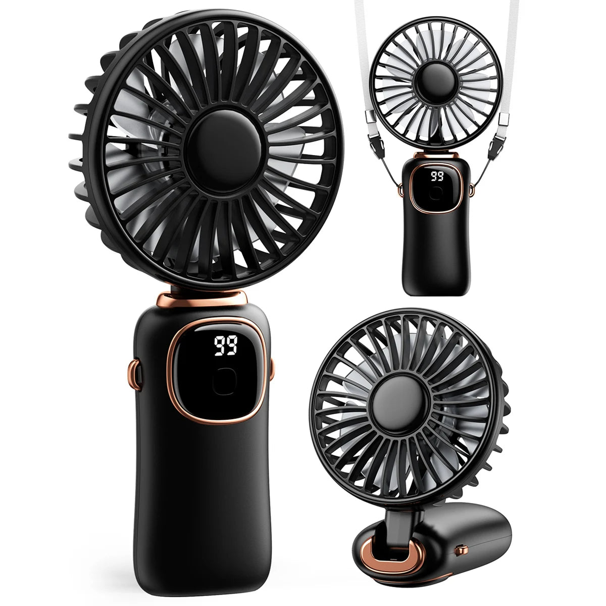 3-In-1 Portable Handheld Fan -5-Speed with LED Display for Neck Desk and Travel