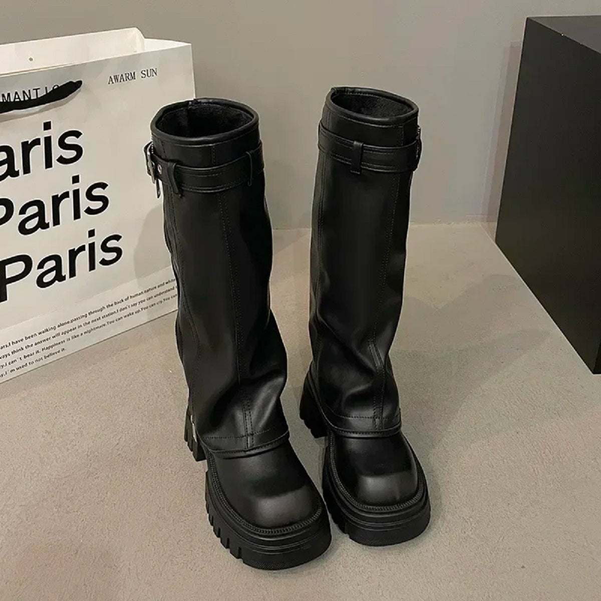 Women's Knee High Booties Winter Biker Square Toe Boots