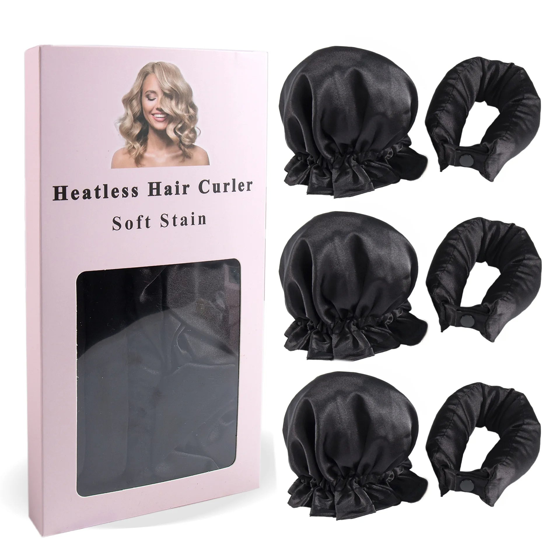 3-Pcs Satin Heatless Curling Rod Set - Overnight Headband and Caps for Long Hair