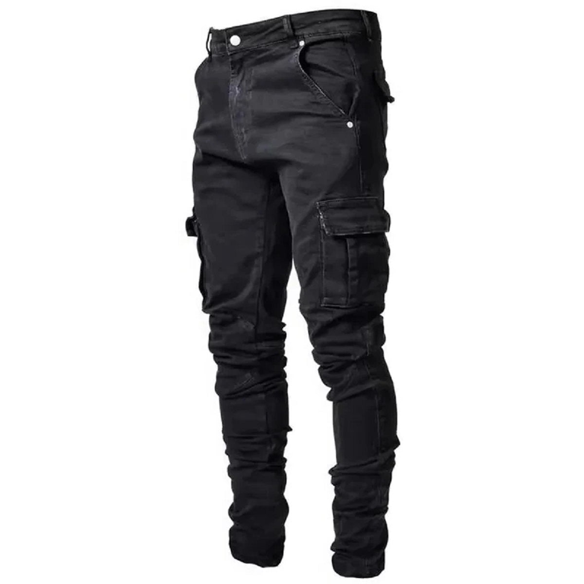 Men's Elastic Denim Cargo Joggers - Slim Fit Multi-Pocket Mid-Waist Casual Pants