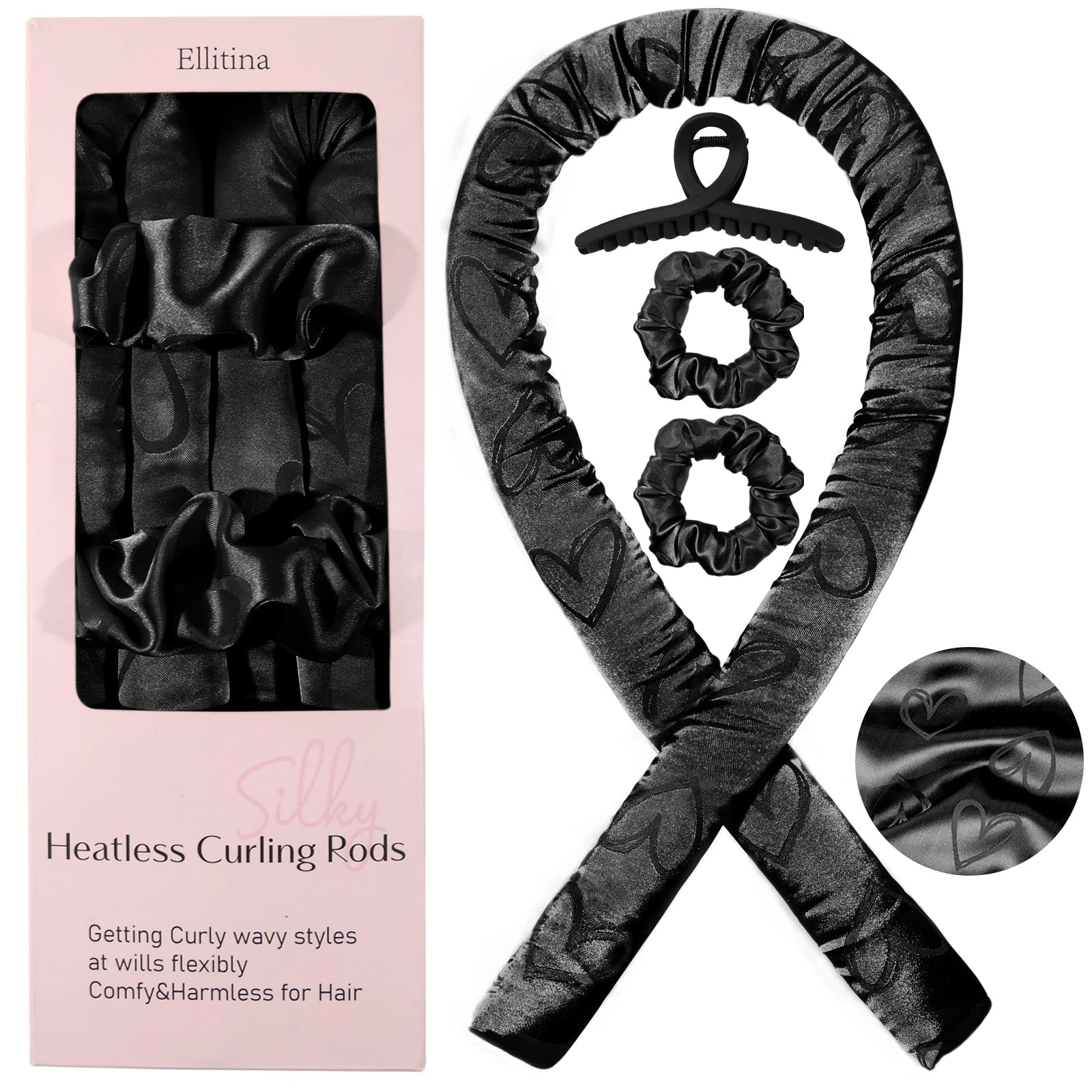 4-Pc Silk Heatless Curling Gift Kit - Love-Print Rods and Satin Headband