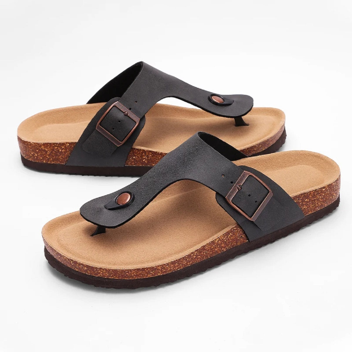 Women's Cork Sandals - Open-Toe Flats with Adjustable Buckle