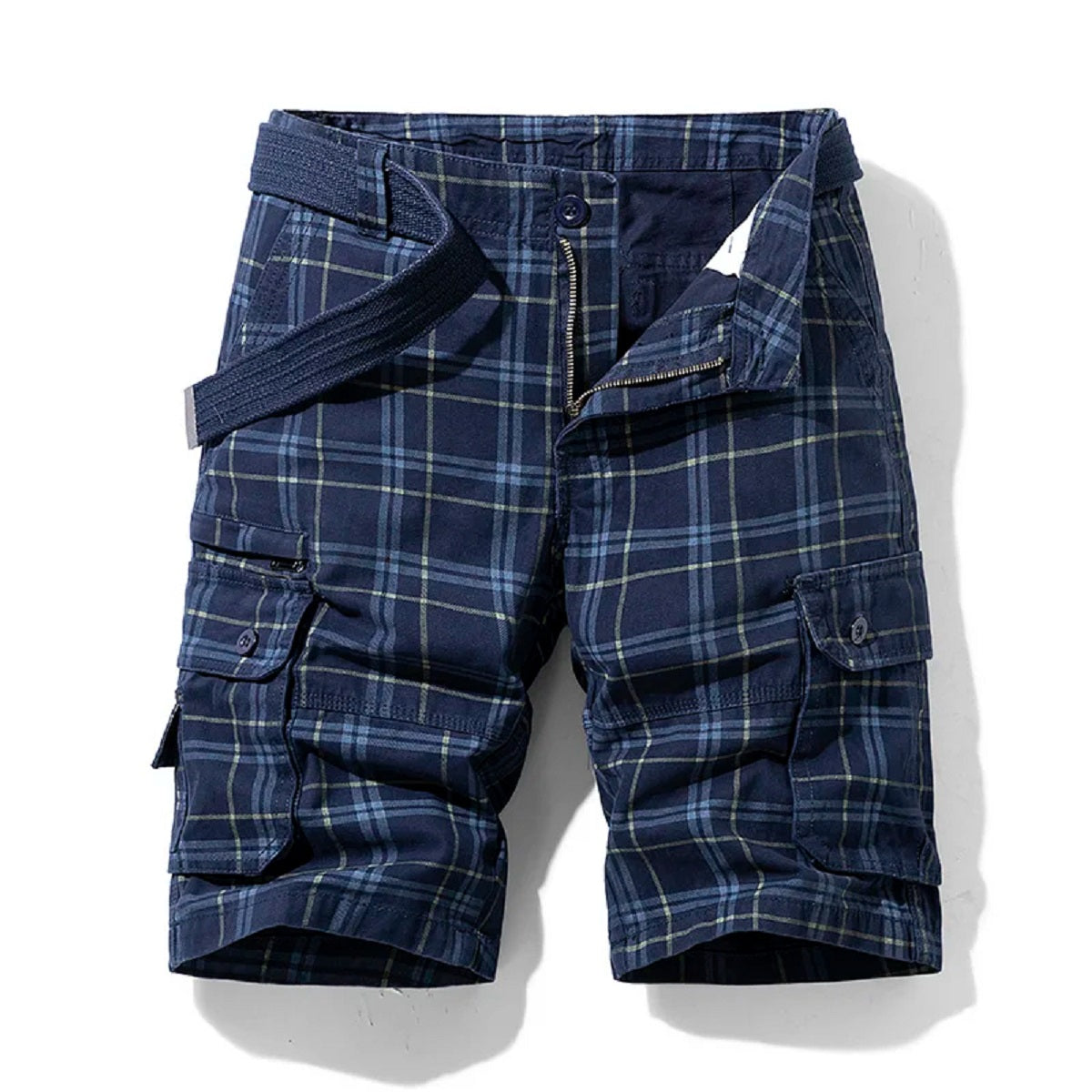Men's Plaid Cargo Shorts - Cotton Quick-Dry Breeches with Multi Pockets