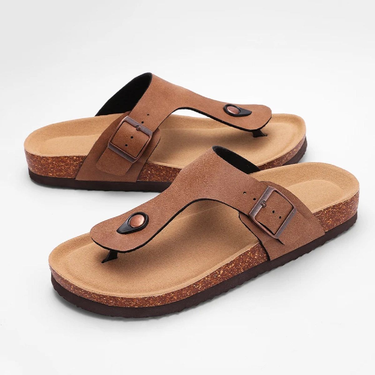 Women's Cork Sandals - Open-Toe Flats with Adjustable Buckle