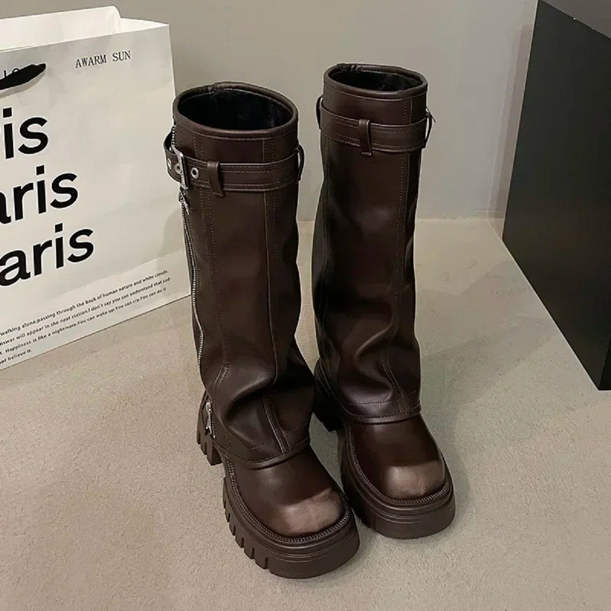Women's Knee High Booties Winter Biker Square Toe Boots