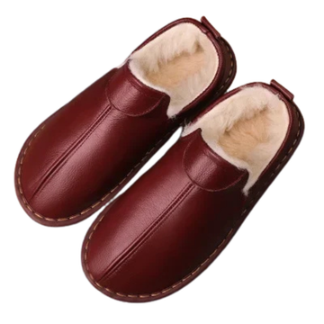 Genuine Leather Winter Slippers - Anti-Slip Warm Wool for Men & Women