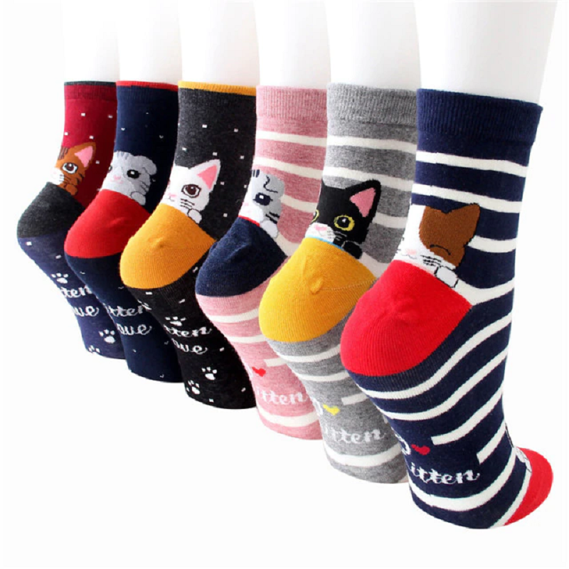 5 Pairs Women's Cartoon Socks Colorful Cat Striped Cotton Sock