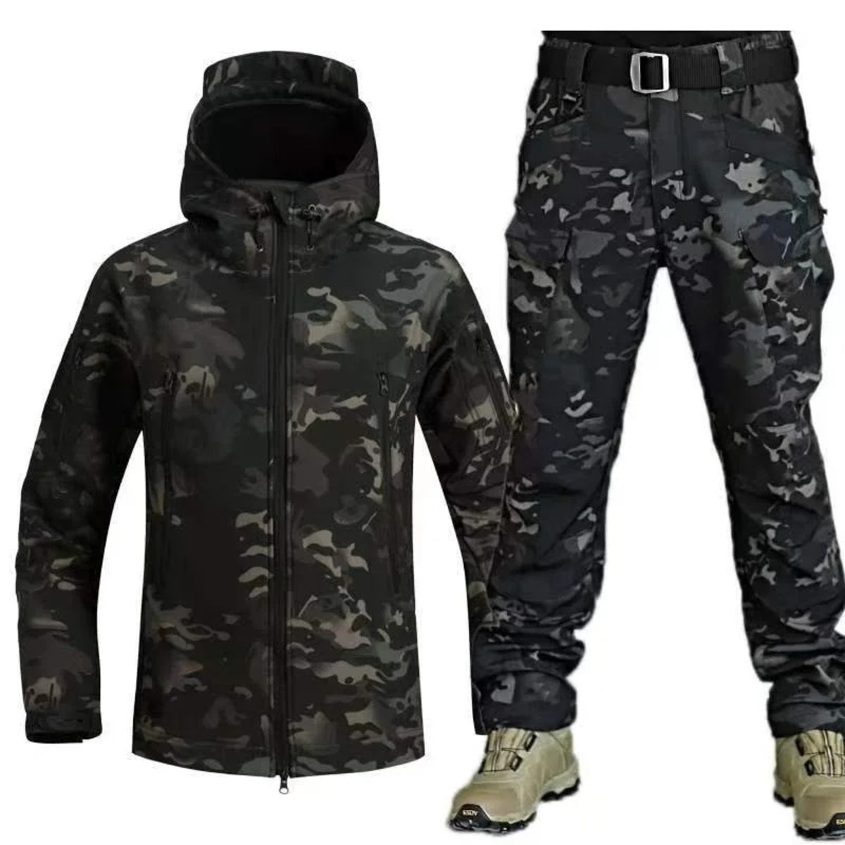 Men's Winter Tactical Jacket Set - Waterproof Softshell with Fleece Lining and Cargo Trousers