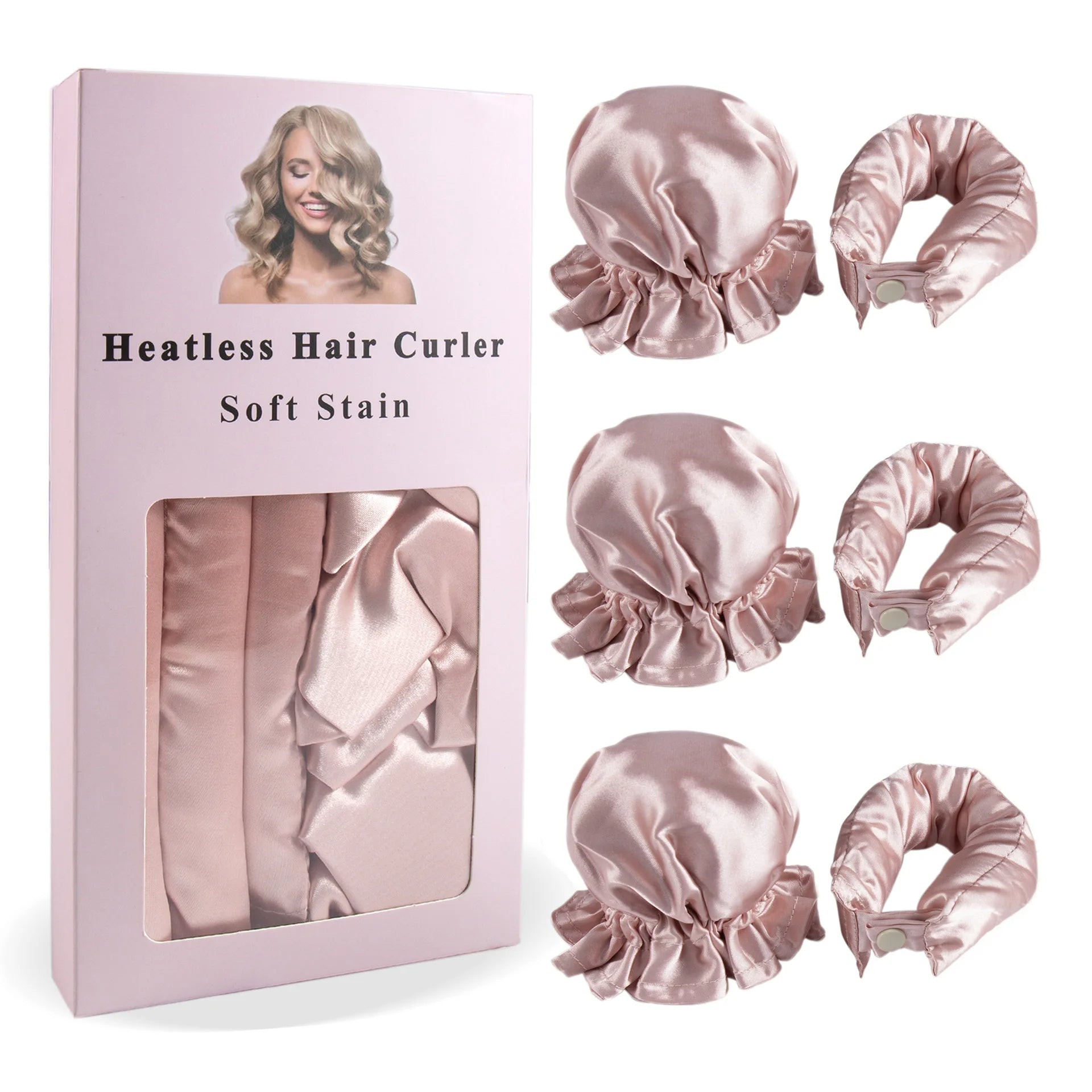 3-Pcs Satin Heatless Curling Rod Set - Overnight Headband and Caps for Long Hair