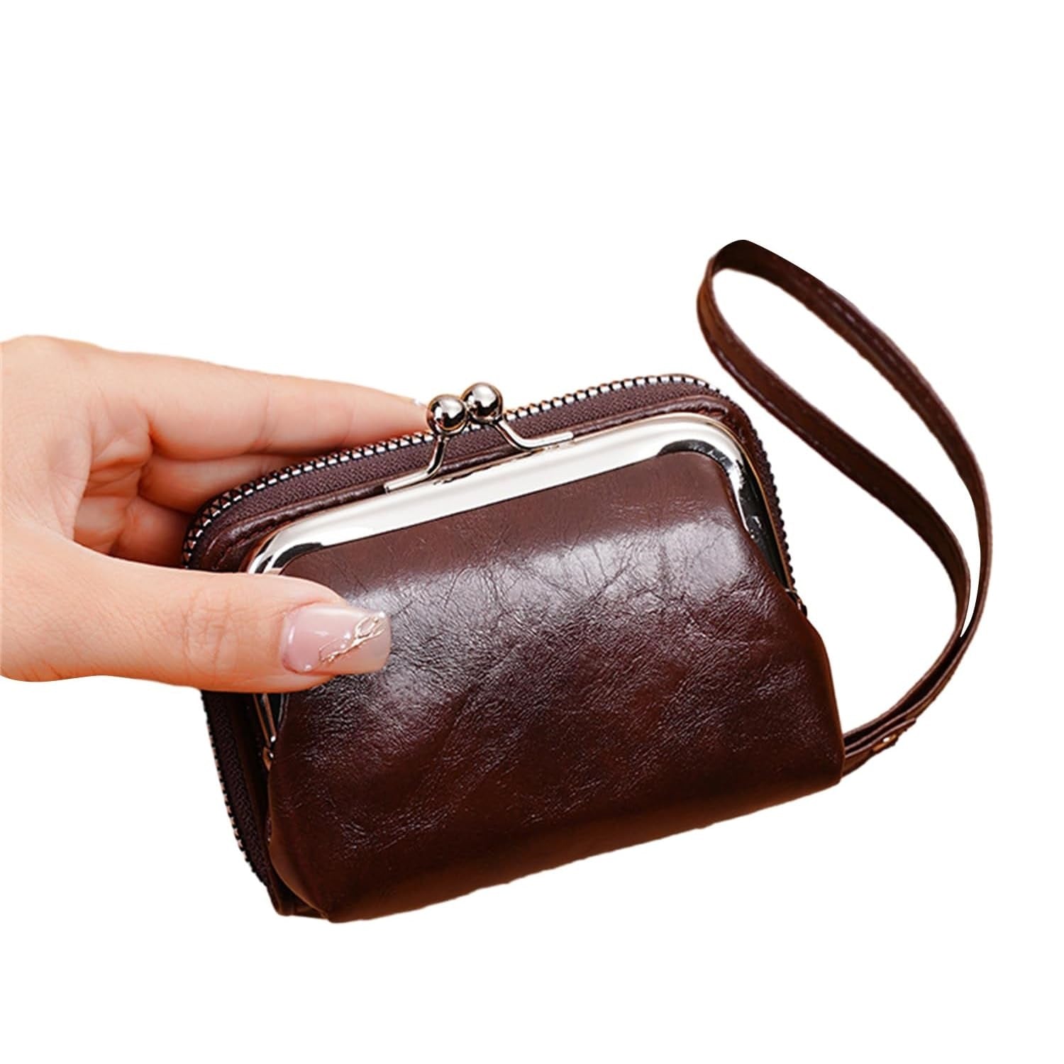 Women's Wallet Wrist Vintage Coin Purse with Zipper and Kiss Lock
