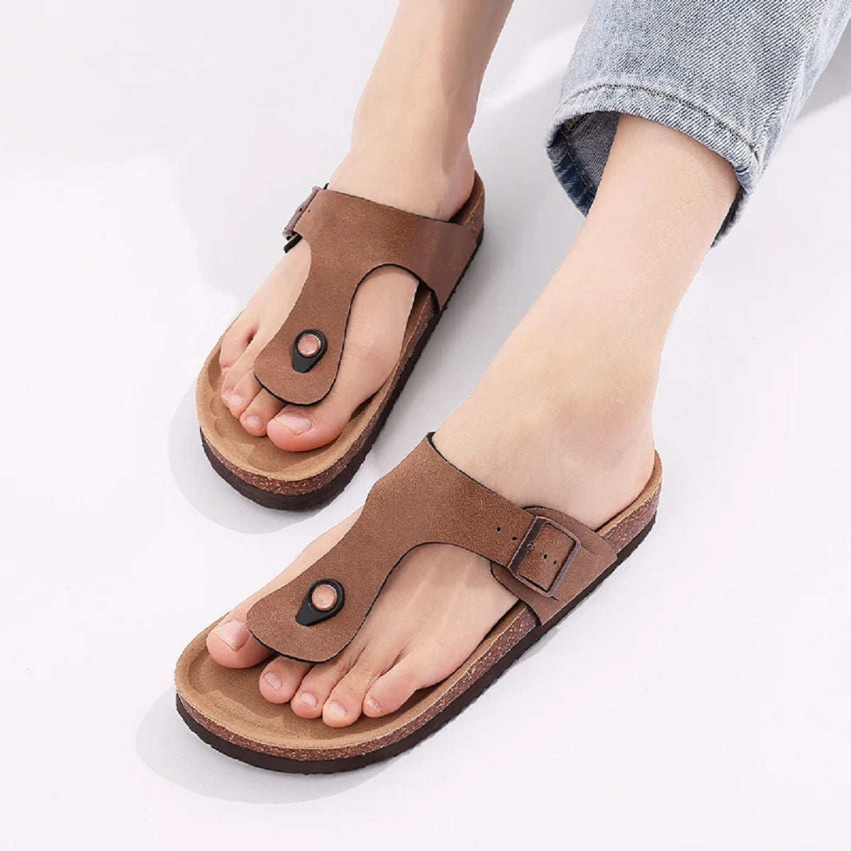 Women's Cork Sandals - Open-Toe Flats with Adjustable Buckle