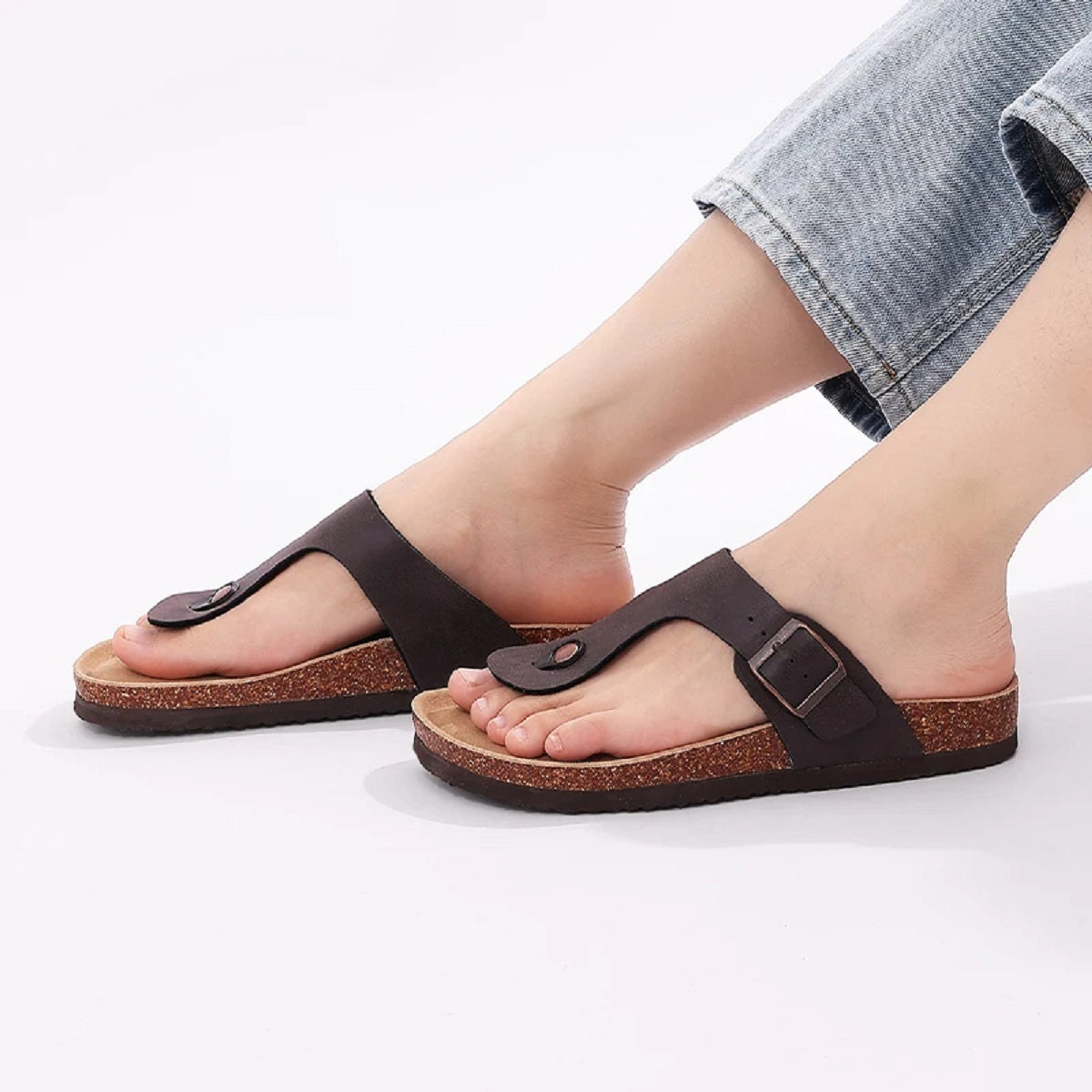 Women's Cork Sandals - Open-Toe Flats with Adjustable Buckle