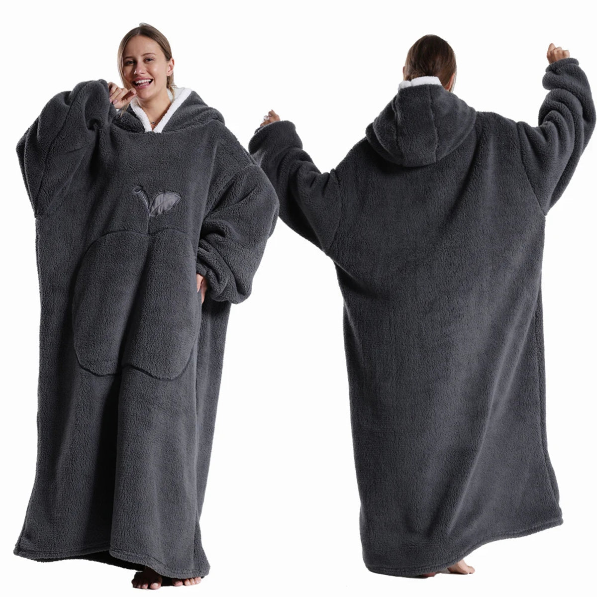 Extra Long Wearable Blanket - Hooded Flannel with Sleeves for Adults