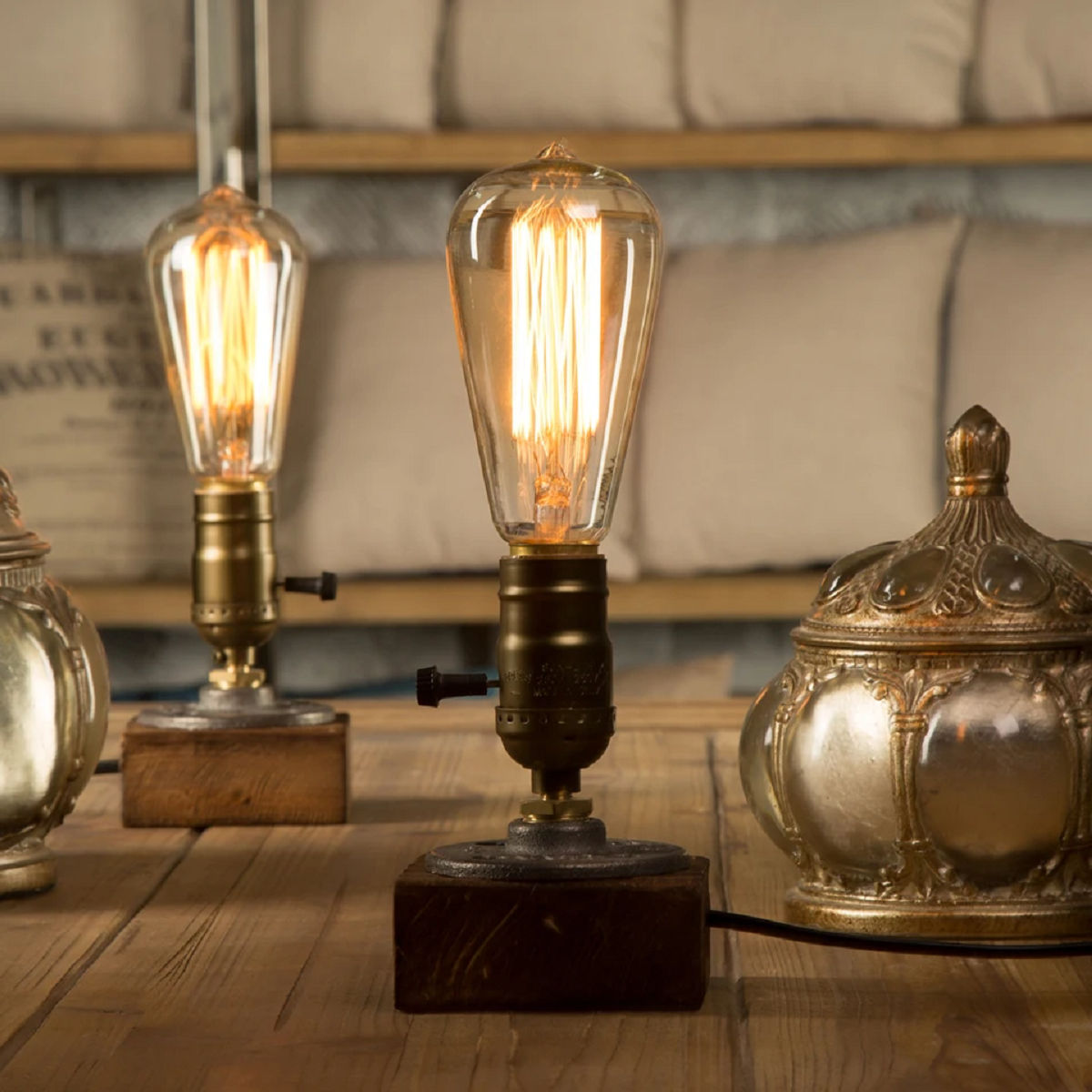 Vintage Steam Punk Piping Table Wood Desk Lamp
