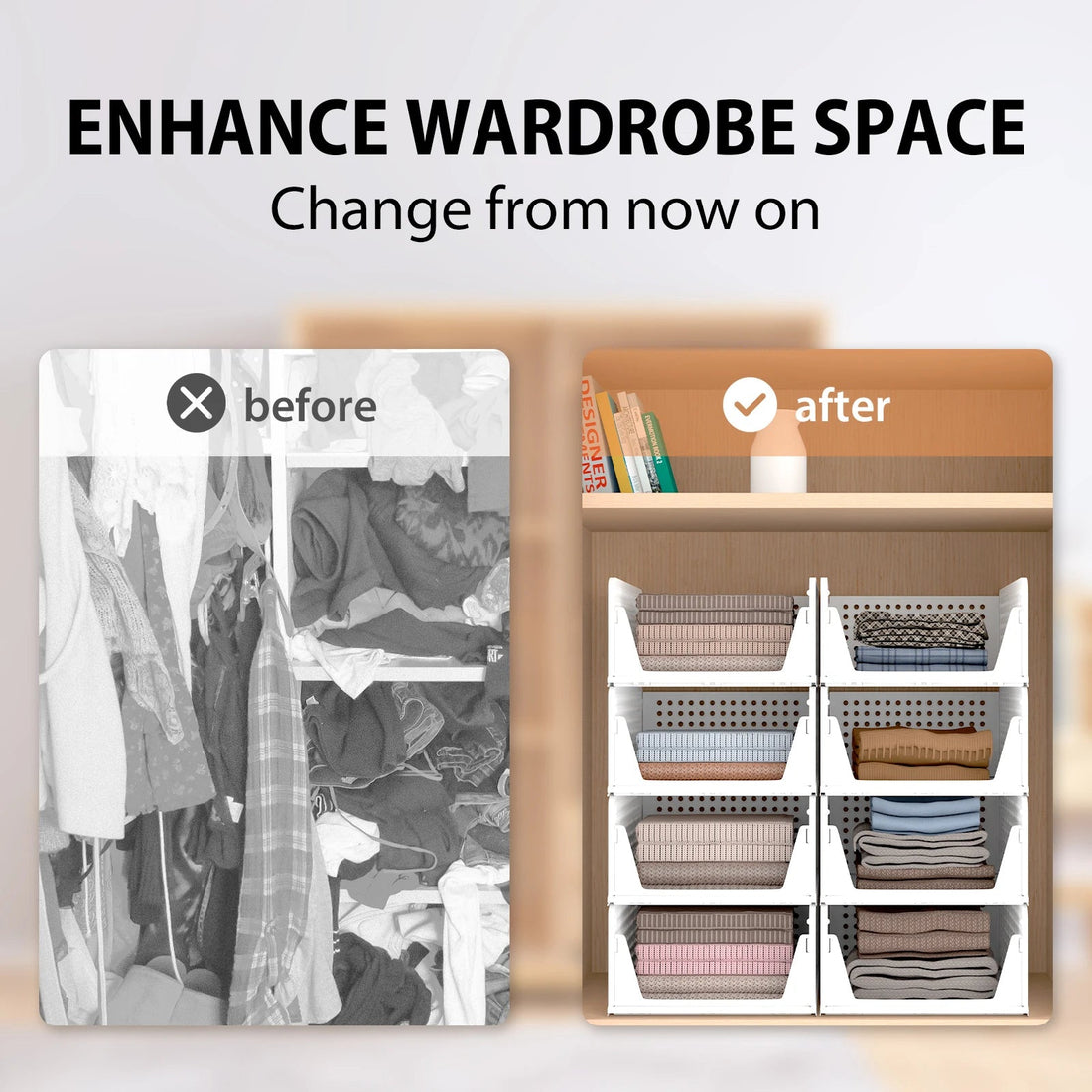 4-Pack Wardrobe Organiser - Stackable Folding Plastic Storage Baskets