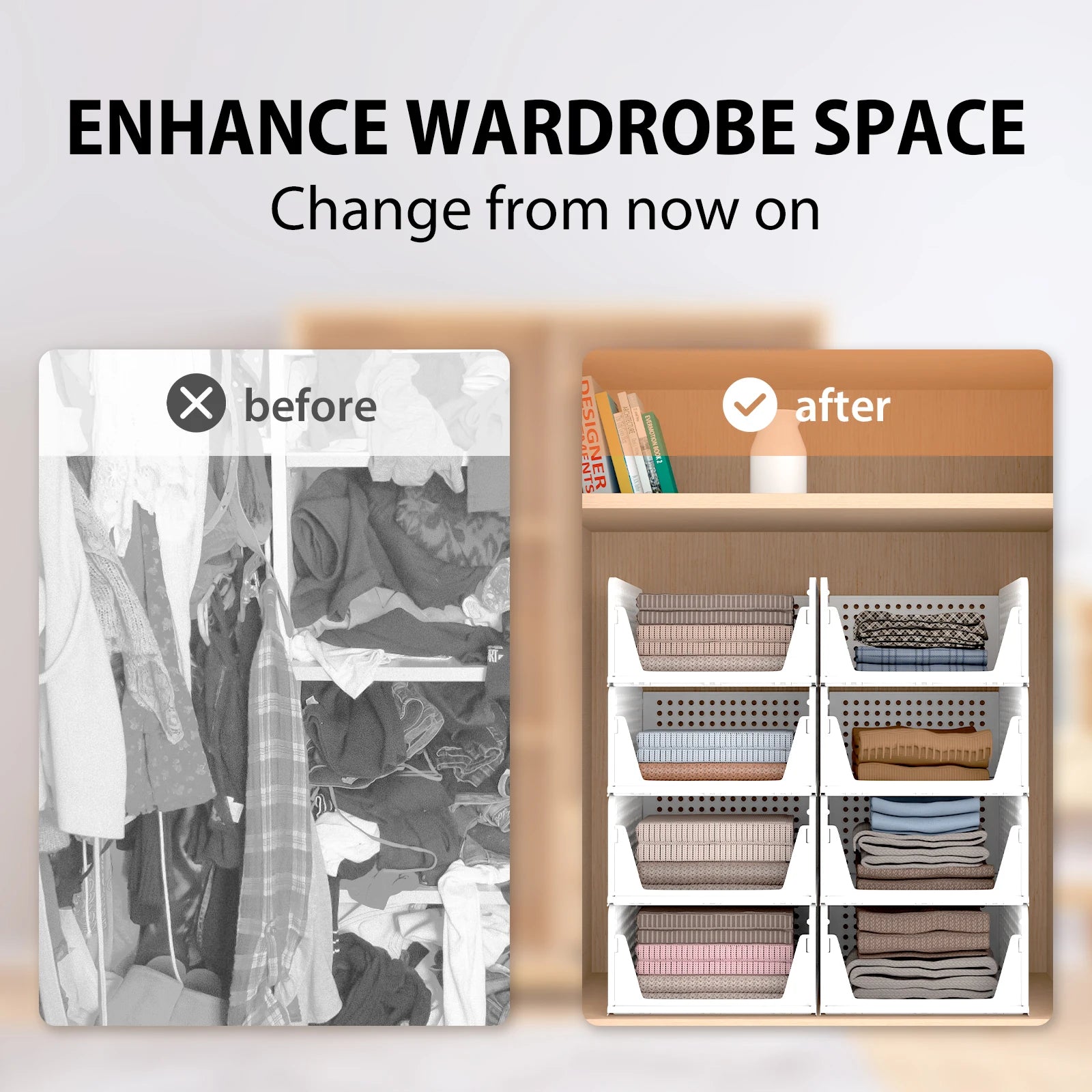 4-Pack Wardrobe Organiser - Stackable Folding Plastic Storage Baskets