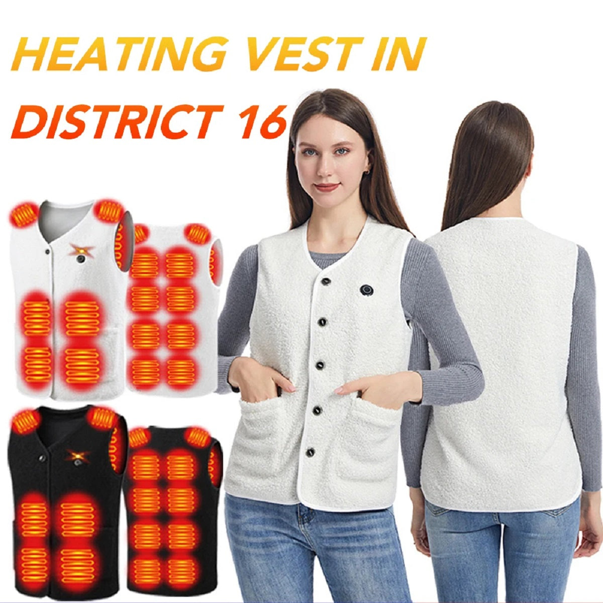 16-Zone USB Heated Vest - Teddy Velvet V-Neck Electric Warming Jacket