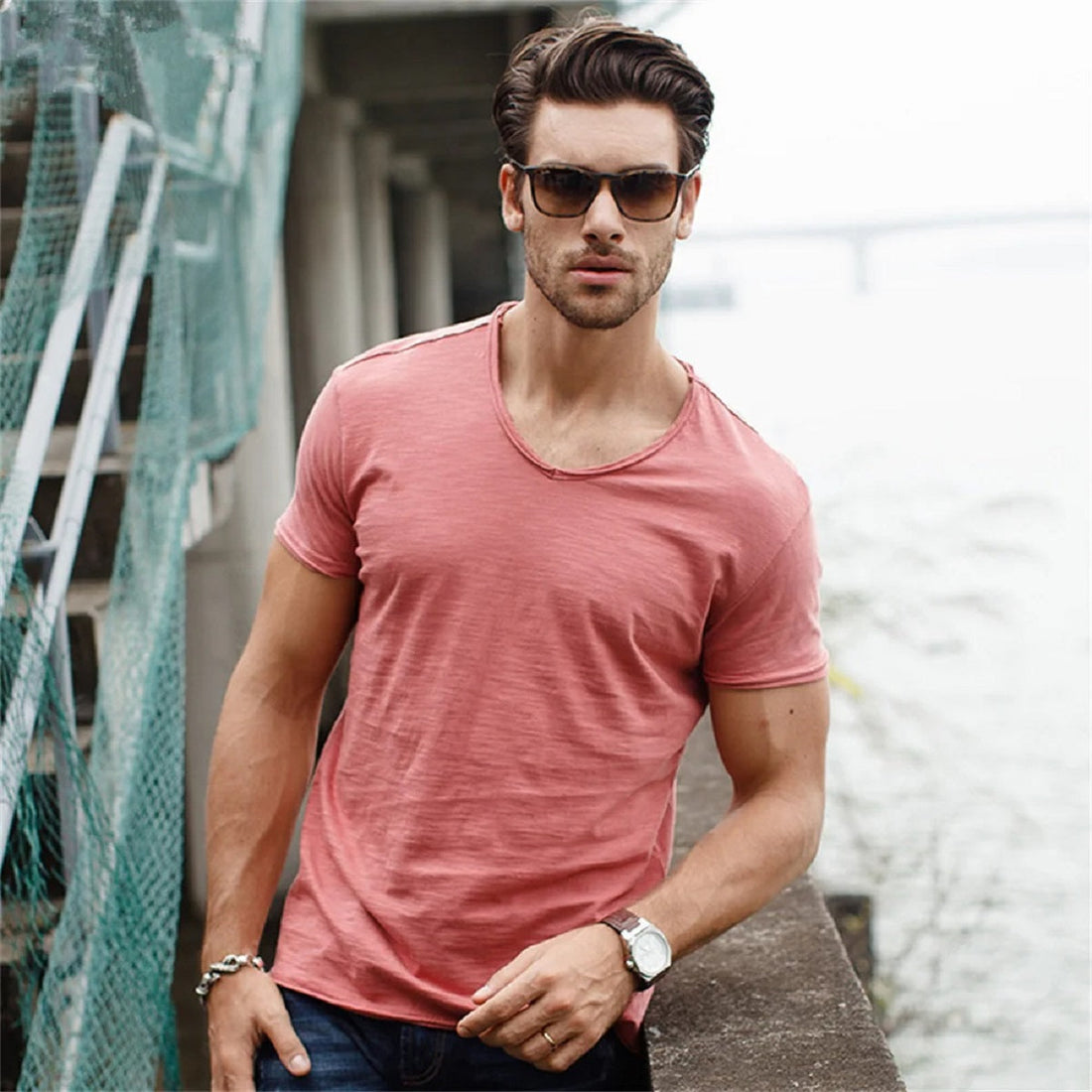 5-Pack Men's Slim Fit V-Neck T-Shirts - Cotton Solid Color Summer Tees