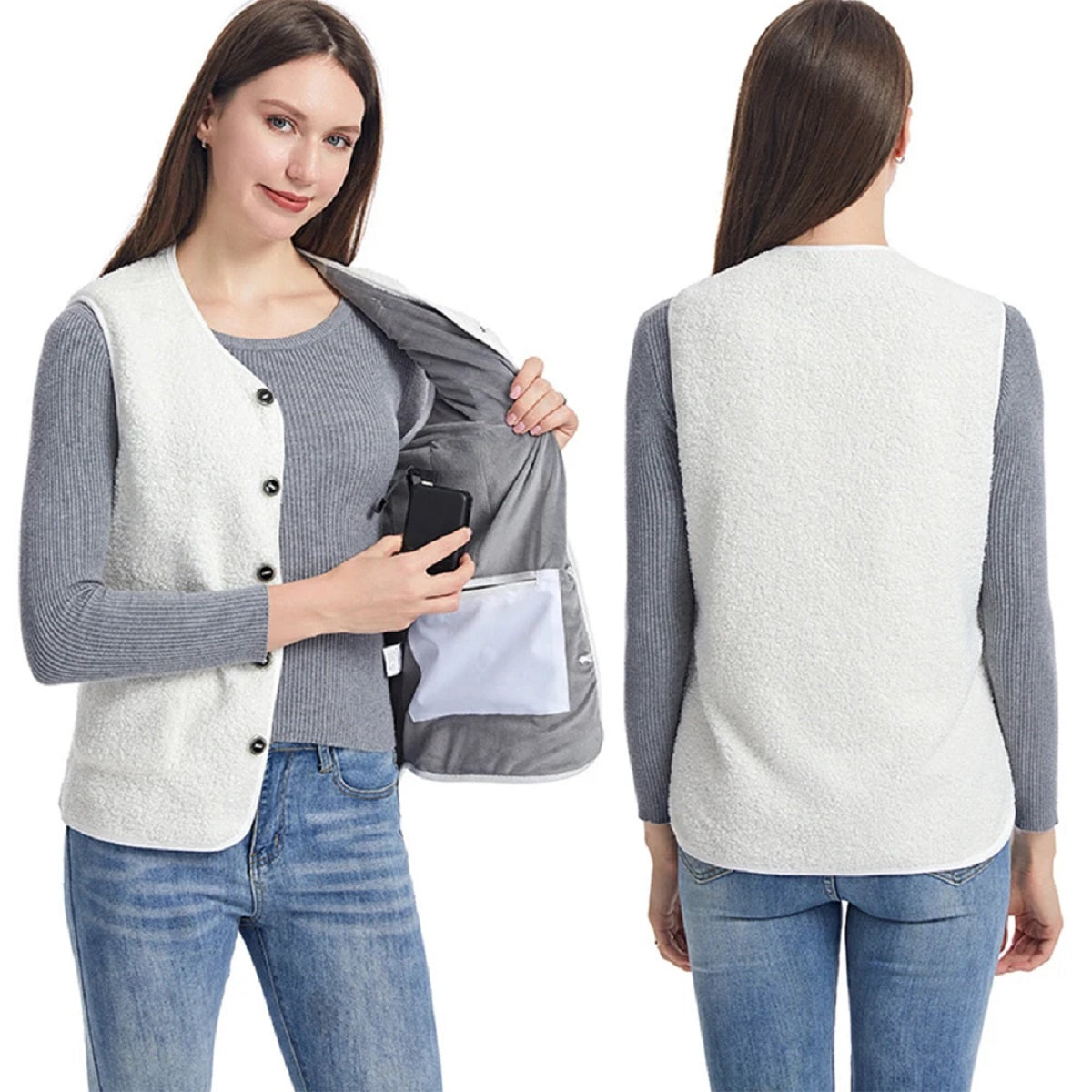16-Zone USB Heated Vest - Teddy Velvet V-Neck Electric Warming Jacket