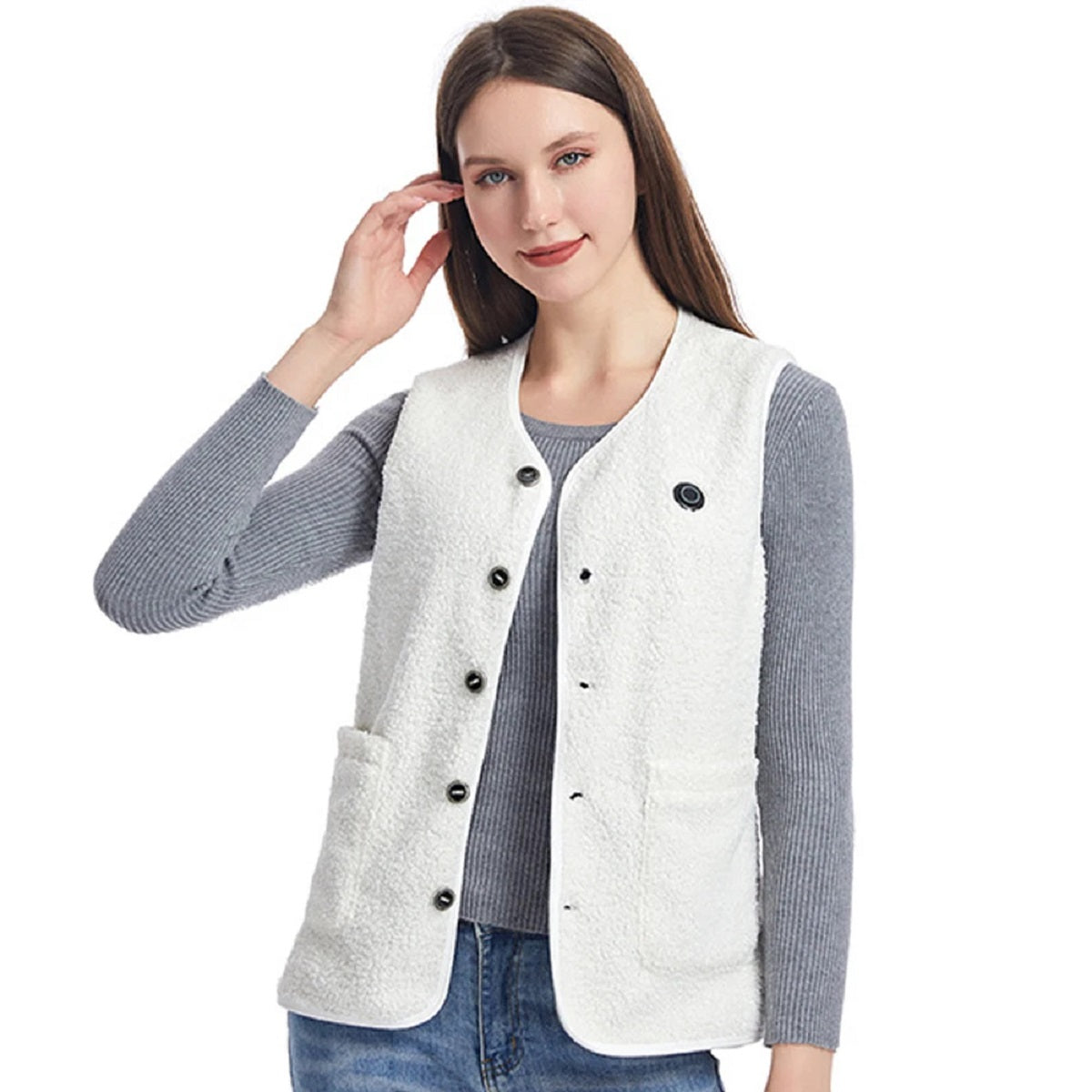 16-Zone USB Heated Vest - Teddy Velvet V-Neck Electric Warming Jacket
