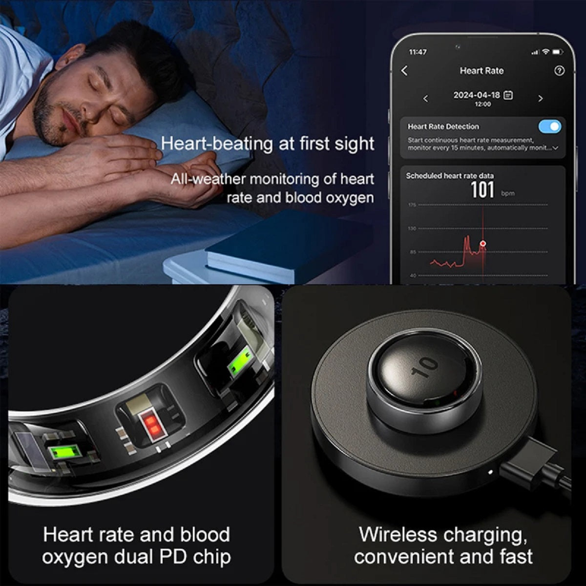 Smart Ring - Health and Sleep Tracker 5 ATM Waterproof Wireless Charging