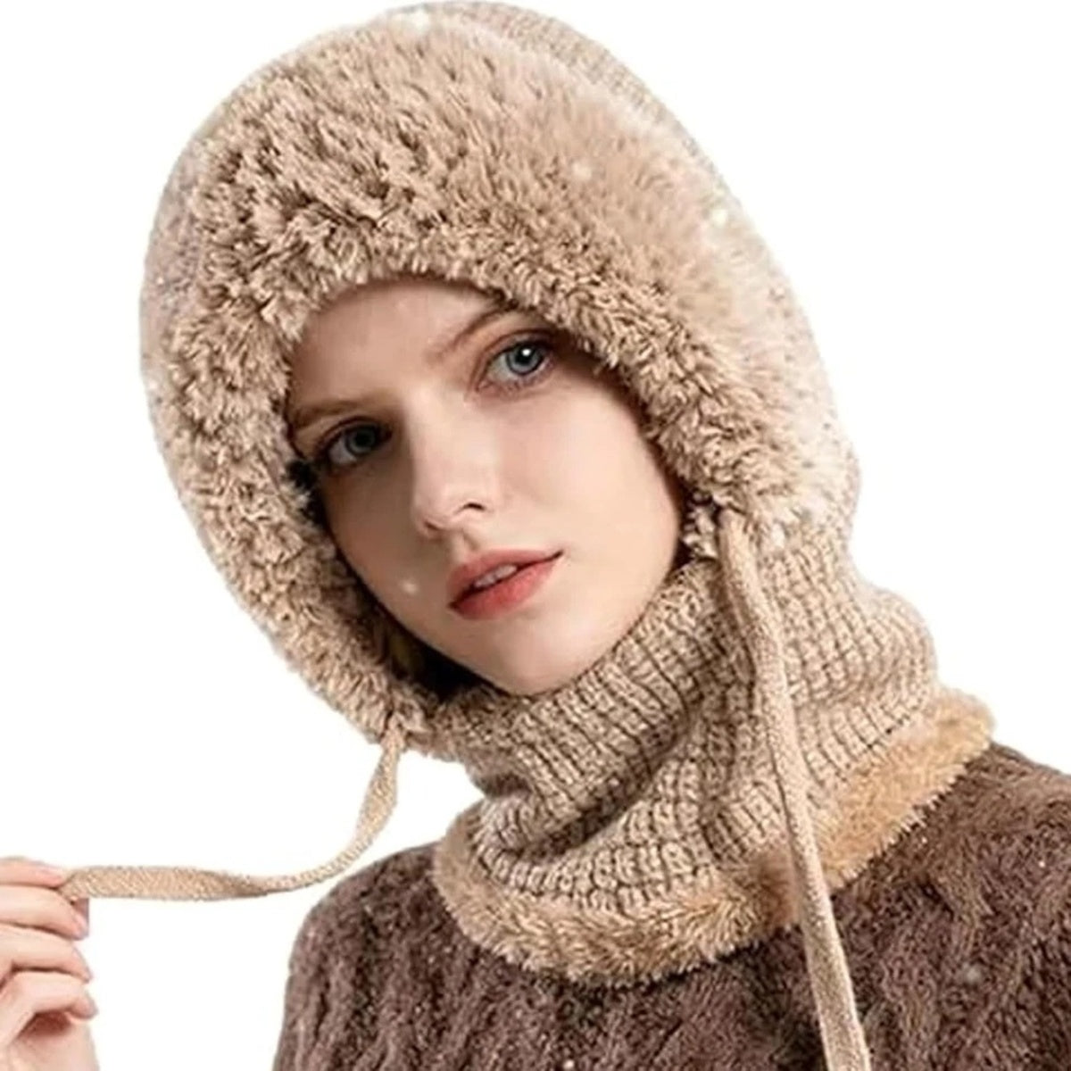 Thermal Fleece Cycling Beanie - Windproof Knit Hat with Ear Covers Neck Warmer