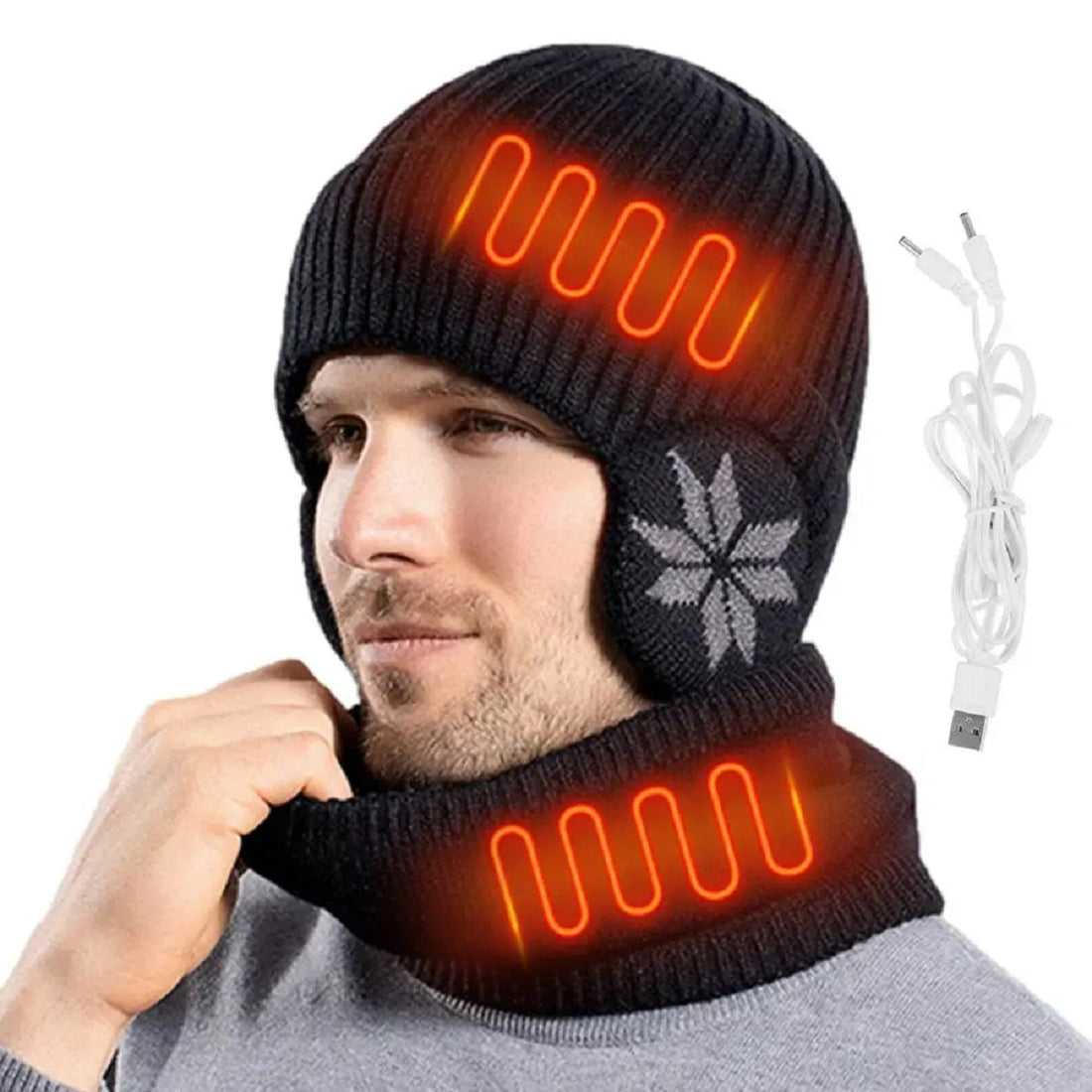2 in 1 Heated Winter Knitted Cap Neck Warmer Beanie Hat Scarf