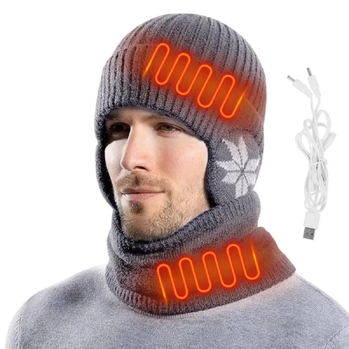2 in 1 Heated Winter Knitted Cap Neck Warmer Beanie Hat Scarf