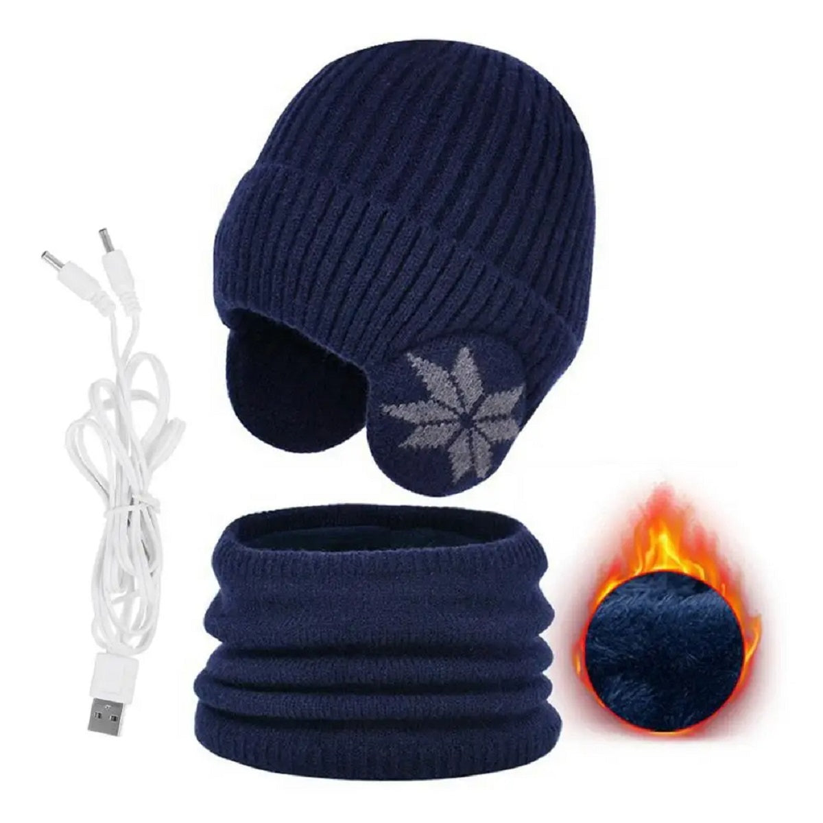 2 in 1 Heated Winter Knitted Cap Neck Warmer Beanie Hat Scarf