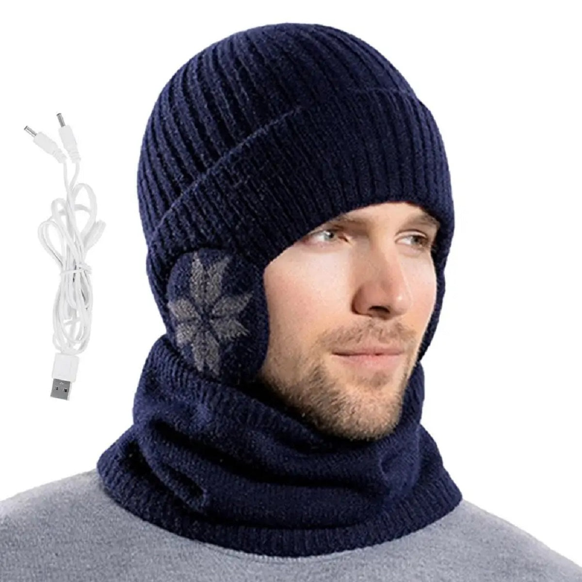 2 in 1 Heated Winter Knitted Cap Neck Warmer Beanie Hat Scarf