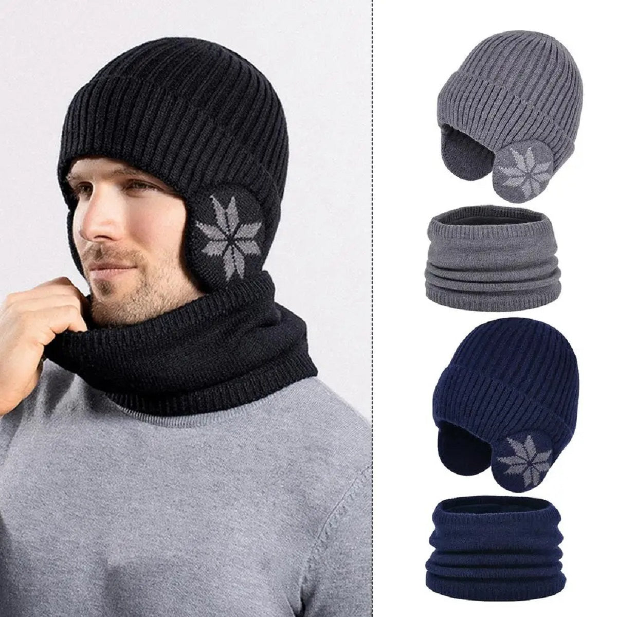 2 in 1 Heated Winter Knitted Cap Neck Warmer Beanie Hat Scarf