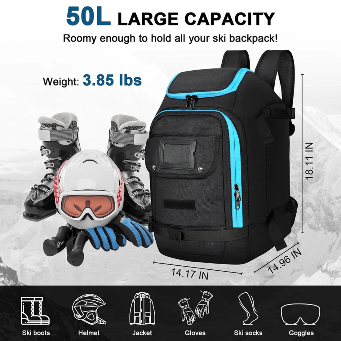 Ski Boot Bag Backpack 50L - Waterproof Travel with Helmet & Goggles Storage