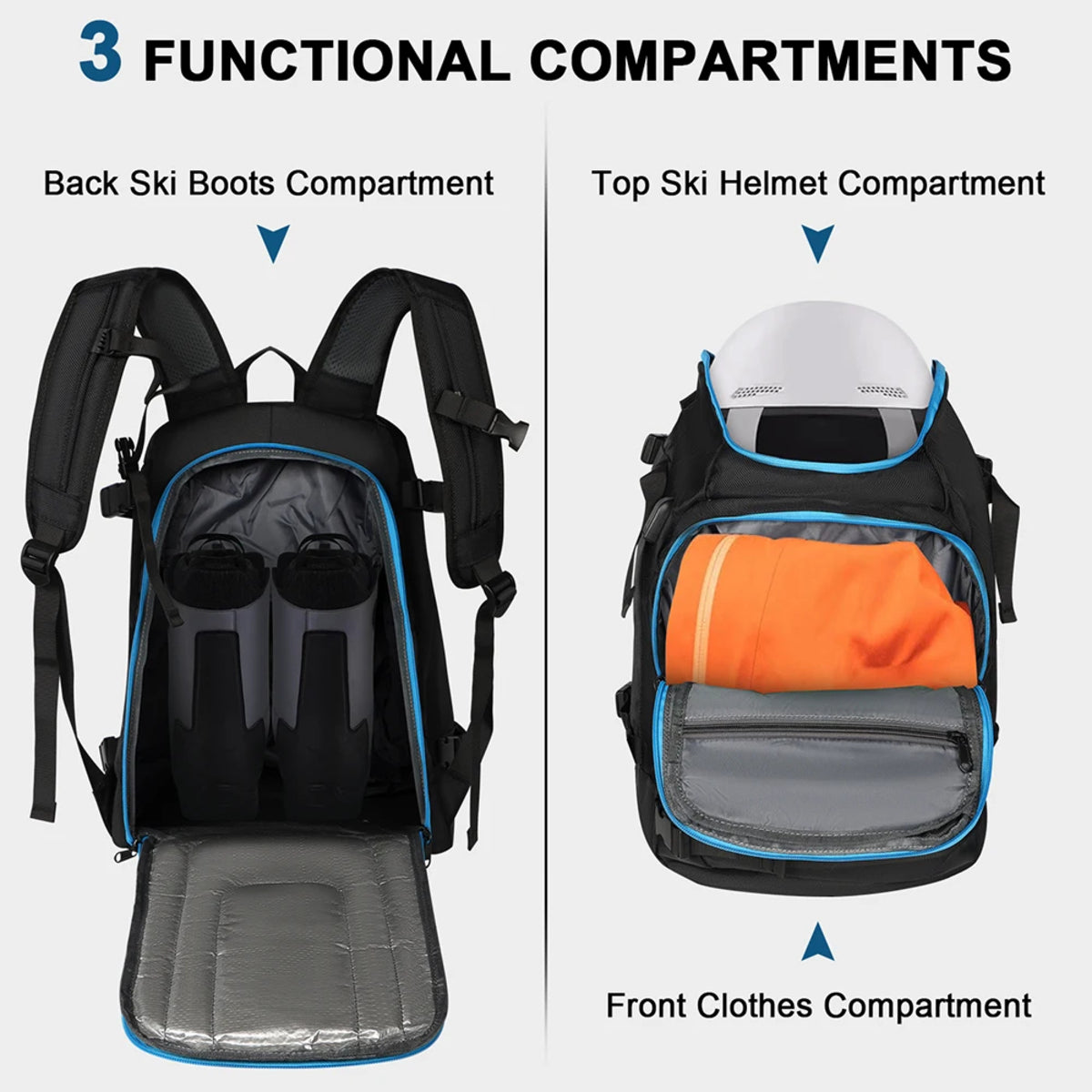 Ski Boot Bag Backpack 50L - Waterproof Travel with Helmet & Goggles Storage