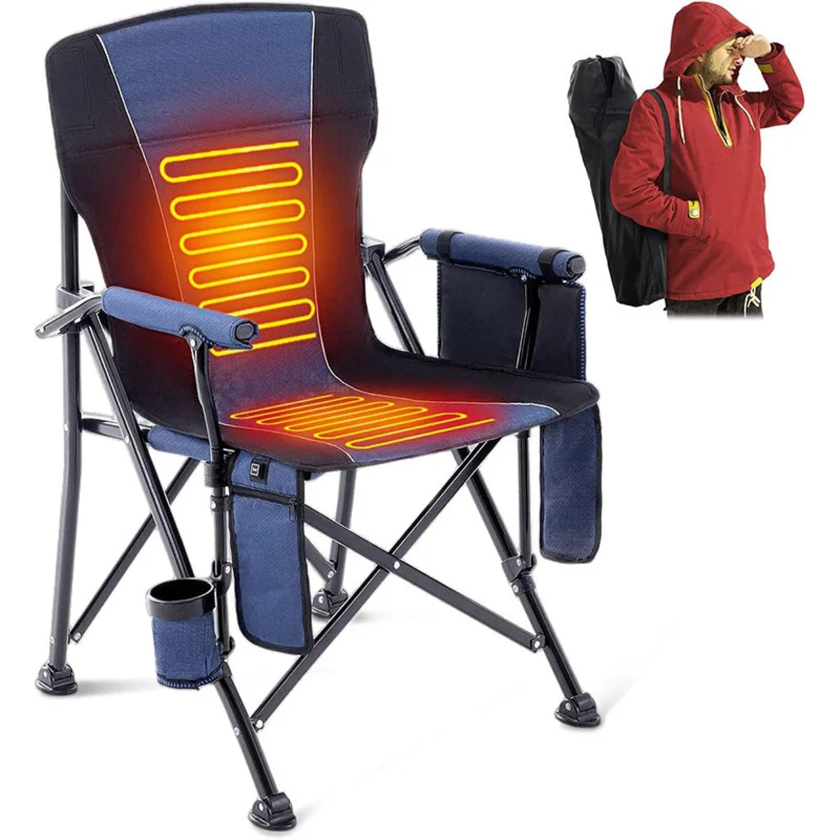 Heated Folding Camping Chair - Portable Heavy-Duty with Cup Holder